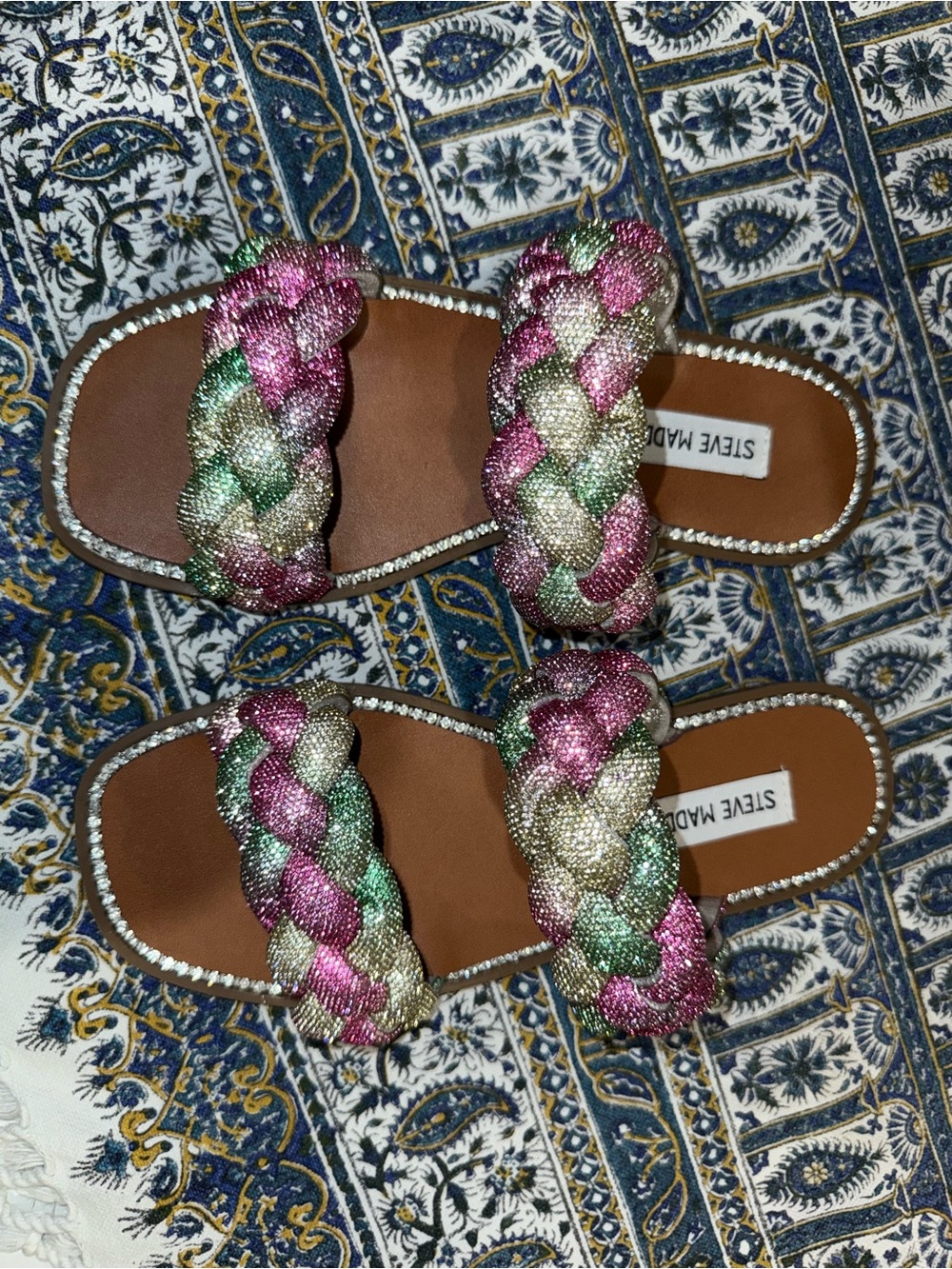 Steve Madden Braided Metallic Slide Sandals in Pink, Green & Gold